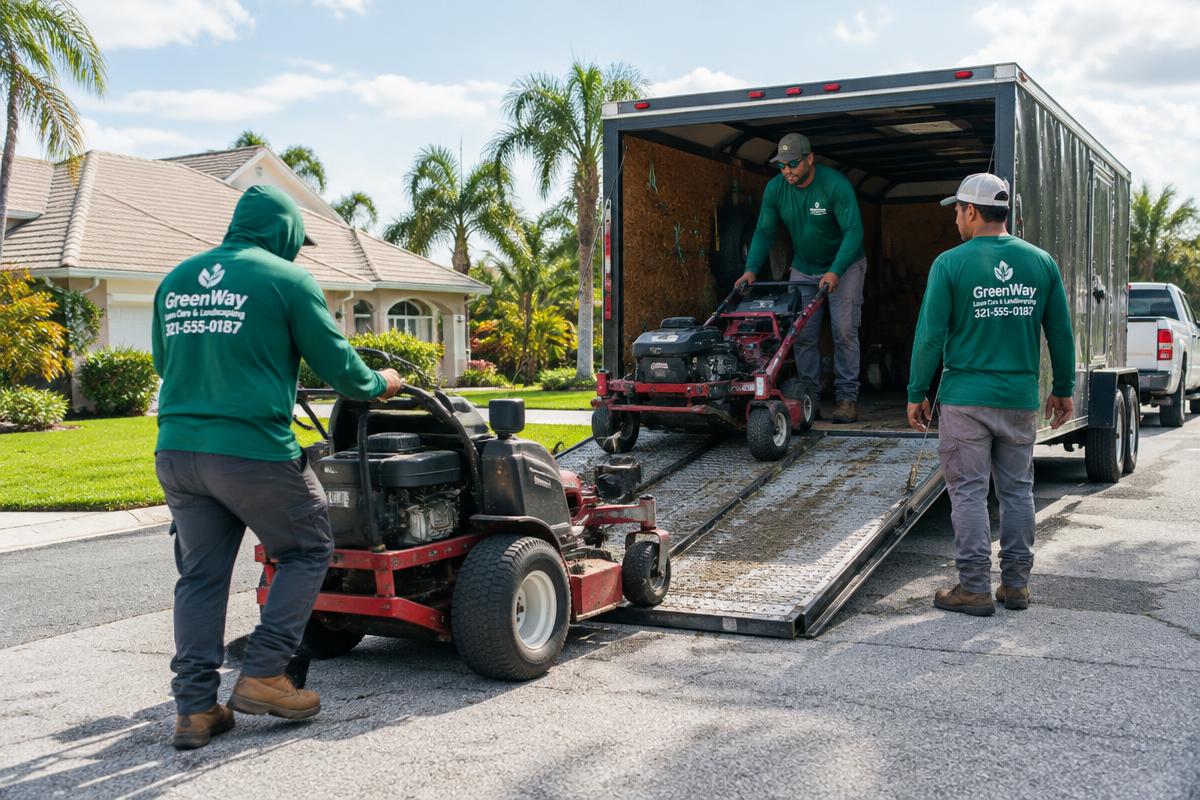 Lawn care crew loading equipment onto a trailer in a Florida neighborhood